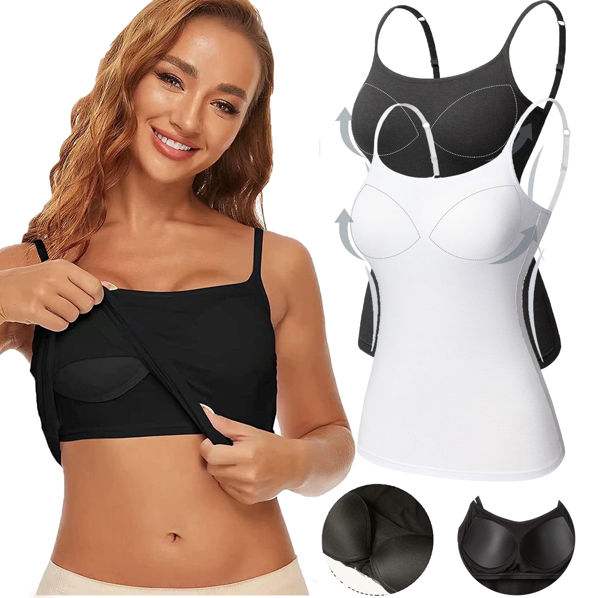 QRIC 2 Pack Women Padded Built-in Shelf Bra Camisole Summer Tank Top for  Women Adjustable Straps (S-3XL)