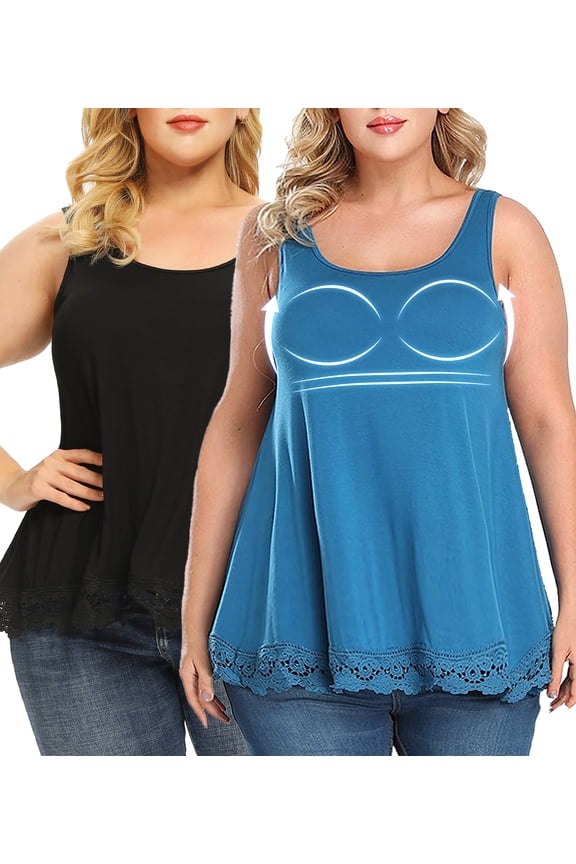 2 Pack Women Swing Lace Flowy Style Clothing Tank Top with Built in Bra Summer Sleeveless Women's Plus Size Blouse Shirt, 2XL