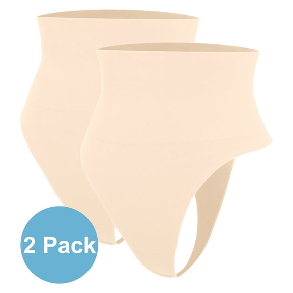 QRIC 2 Pack Women's Thong Shapewear High Waist Tummy Control Panties Body Shaper Cincher Girdle Slimmer Briefs Underwear Beige 2XL