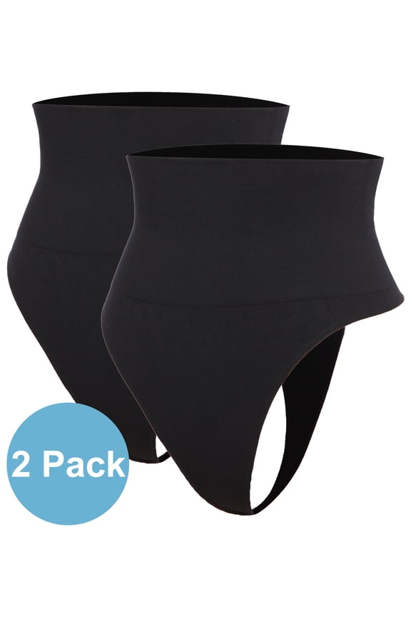 2 Pack Women's Thong Shapewear High Waist Tummy Control Panties Body Shaper Cincher Girdle Slimmer Briefs Underwear Black S