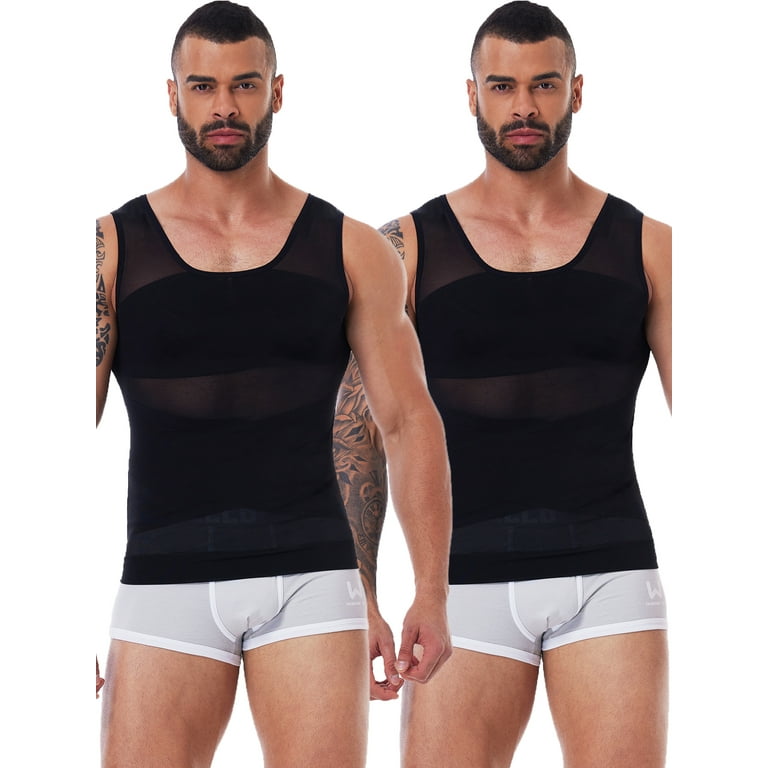 QRIC 2 Packs Men's Compression Shirt Body Shaper Slimming Workout Vest  Tight Tummy Underwear Tank Top