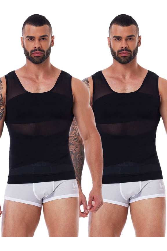 2 Packs Men's Compression Shirt Body Shaper Slimming Workout Vest Tight Tummy Underwear Tank Top