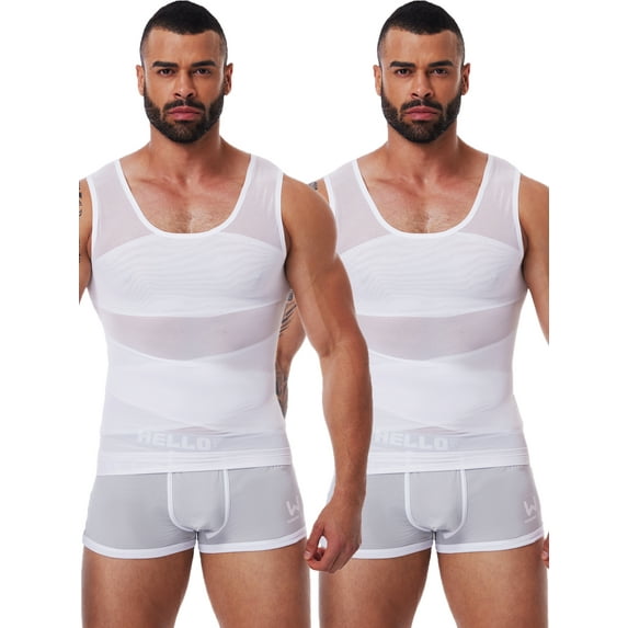 QRIC 2 Packs Men's Compression Shirt Body Shaper Slimming Workout Vest Tight Tummy Underwear Tank Top