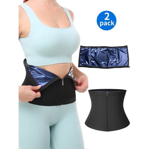 QRIC 2 Pieces Waist Trimmer Sweat Waist Trainer Belts With Zipper Stomach Wraps for Women Bodybuilding