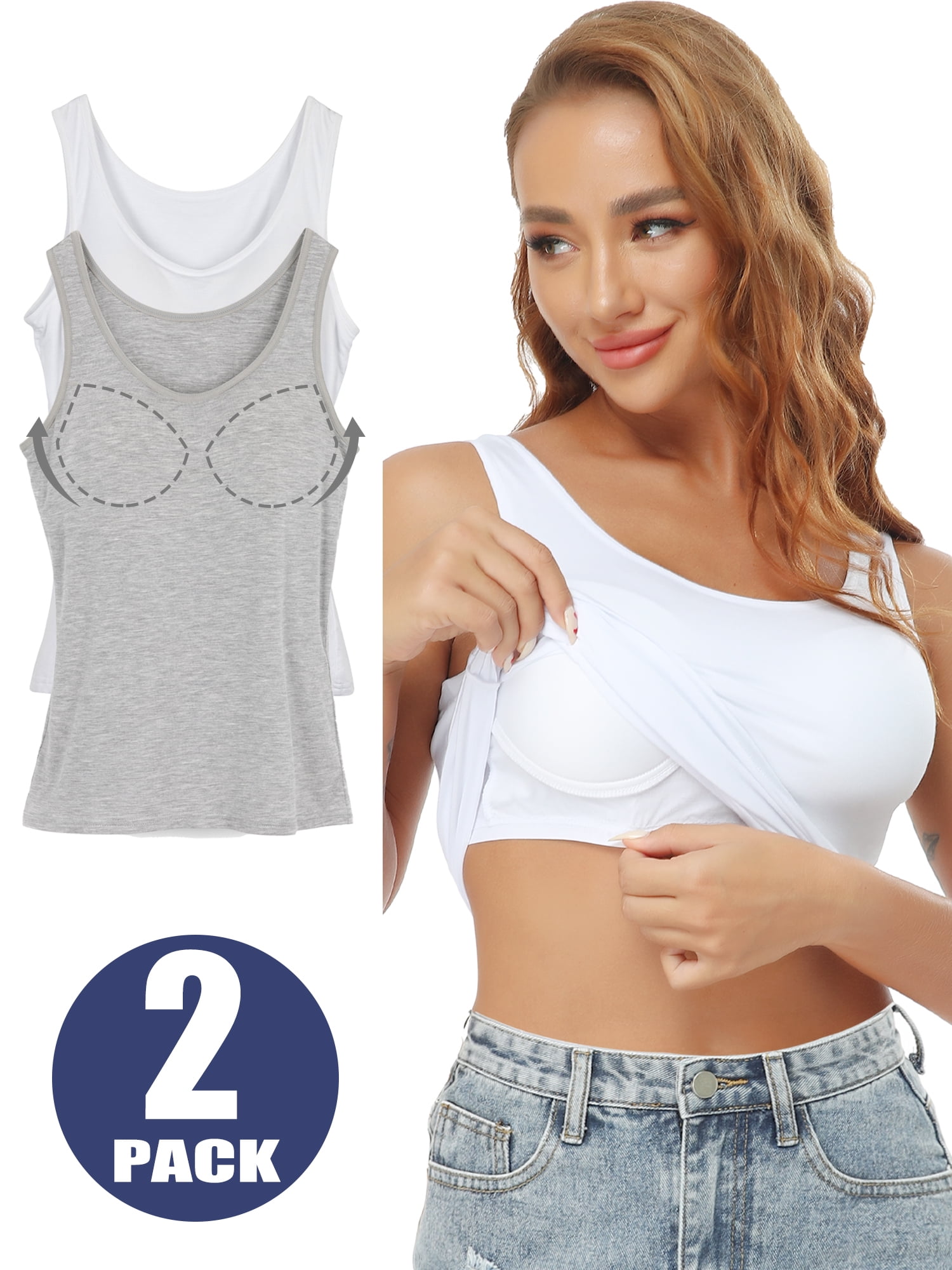 QRIC 2 Pieces Women's Basic Wide Strape Tank Top Scoop Neck Cami With  Built-in Shelf Bra