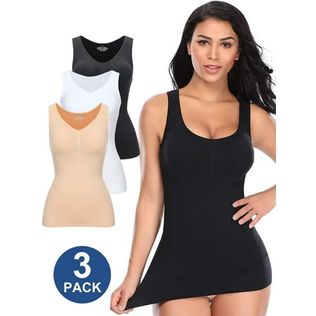 QRIC 3 Pack Tummy Control Camisole for Women Shapewear Tank Tops with Built in Bra Slimming Compression Top Vest Seamless Body Shaper