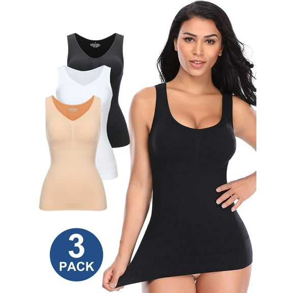 QRIC 3 Pack Tummy Control Camisole for Women Shapewear Tank Tops with Built in Bra Slimming Compression Top Vest Seamless Body Shaper