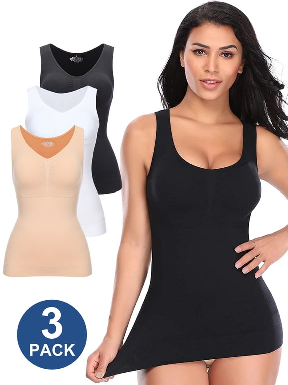 3 Pack Tummy Control Camisole for Women Shapewear Tank Tops with Built in Bra Slimming Compression Top Vest Seamless Body Shaper