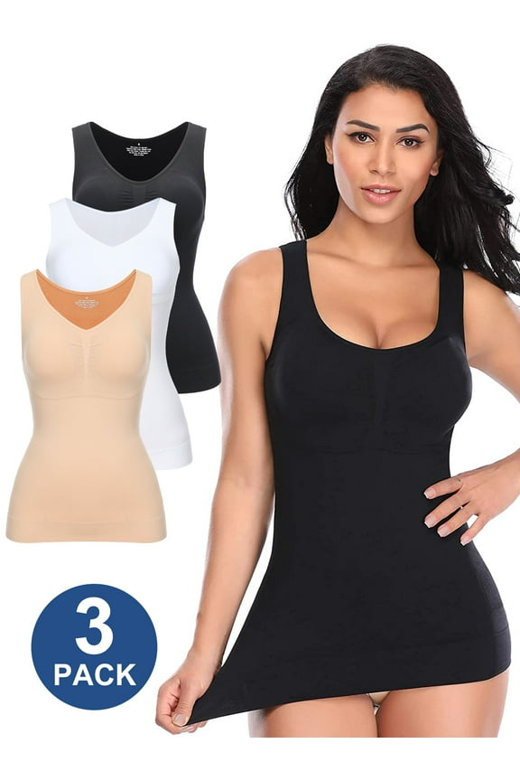 3 Pack Tummy Control Camisole for Women Shapewear Tank Tops with Built in Bra Slimming Compression Top Vest Seamless Body Shaper
