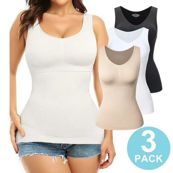 QRIC 3-Pack Women Cami Shapewear with Built in Bra Basic Yoga Tank Top Undershirts Body Shaper