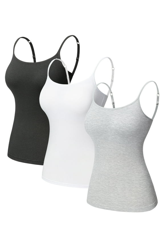 3 Pack Women's Basic Solid Camisole Adjustable Spaghetti Strap Tank Top Shapewear Slimming Cami With Built-in Bra| Black+White+Gray-L