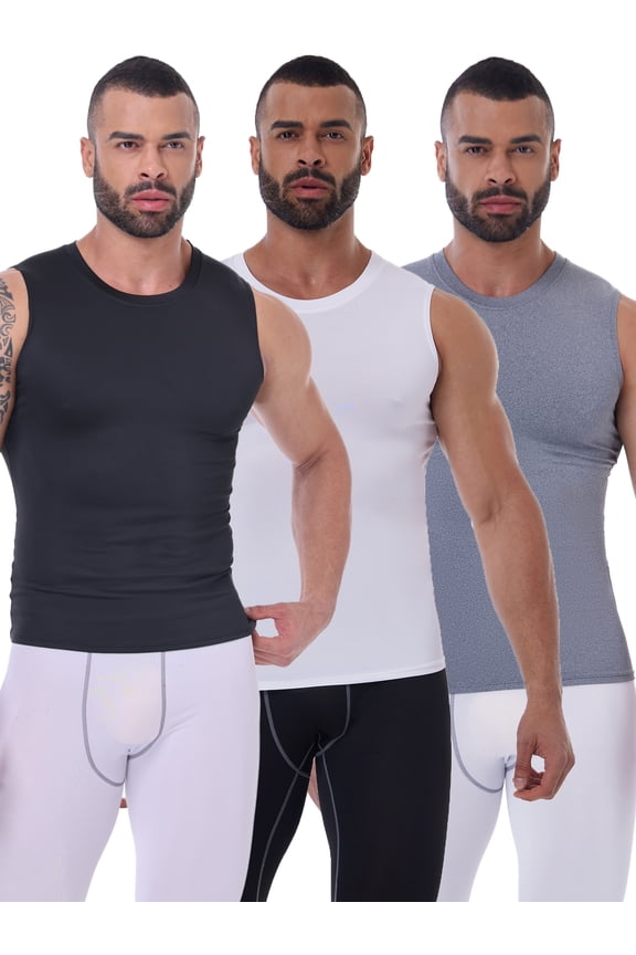 3 Packs Men's Muscle Sleeveless Workout Tank Tops Athletic Gym Bodybuilding Training Compression Shirt