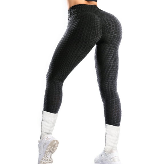 QRIC High Waisted Yoga Pants for Women Tummy Control Butt Lifting Workout Leggings Tik Tok Textured Yoga Pants Black M