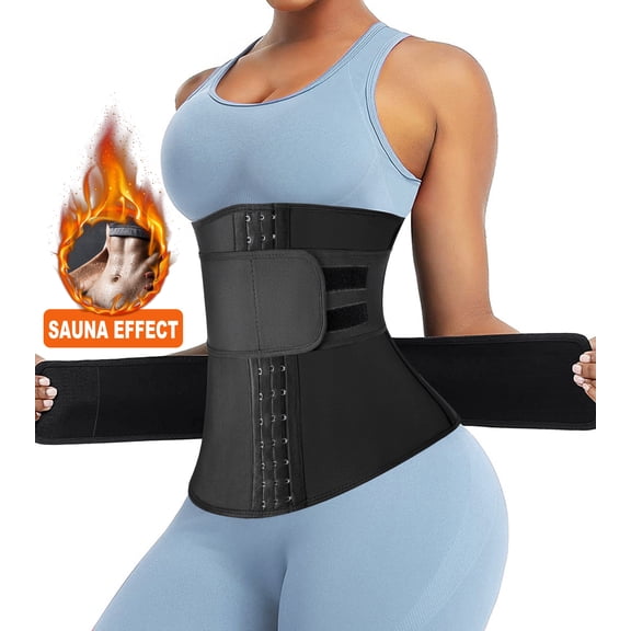 QRIC Neoprene Sauna Sweat Waist Trainer Corset for Women Trimmer Belts Body Shaper with Double Waist Belts, L