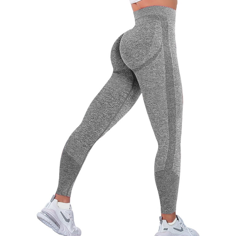 yingyy Women Ribbed Leggings Hip Lift Push Up Seamless Pants Drawstring  Jogging Yoga Trousers Sweat-absorbent Tights Running Gray 