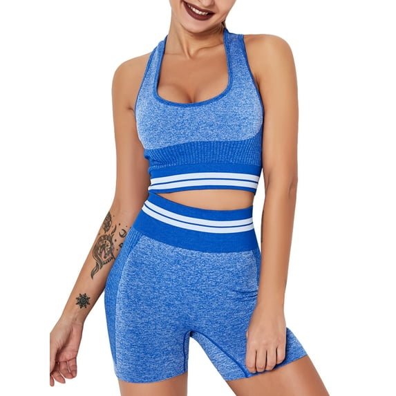 QRIC Seamless Workout Sets for Women Stripe Style Hollow Out Racer Back Sports Bra + High Waist Butt Contour Running Shorts Gym 2 Piece Yoga Sets - Blue M