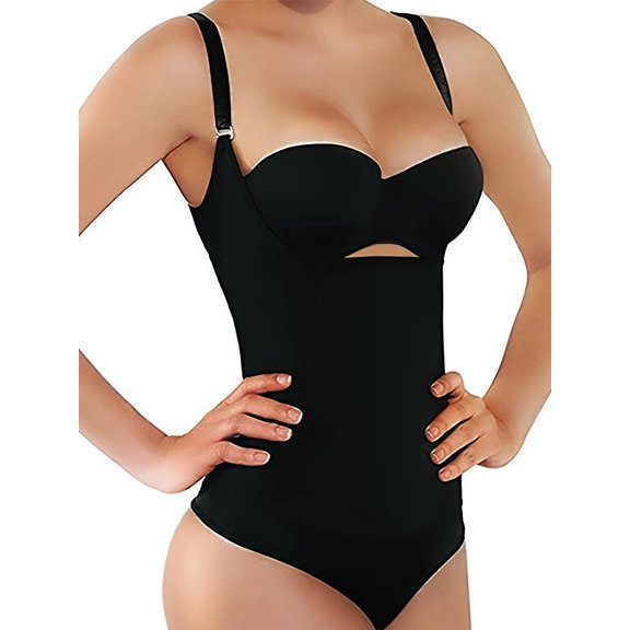 QRIC Shapewear for Women Tummy Control Thong Bodysuit Open Bust Body Shaper Black, 2XL