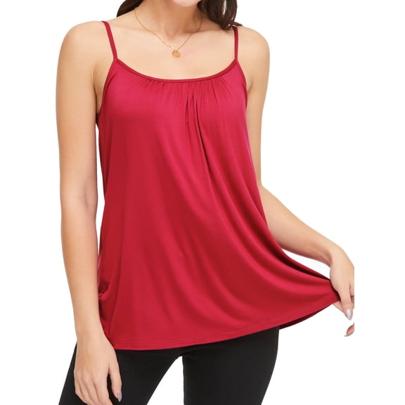 QRIC Summer Tank Tops for Women Basic Solid Cami with Built-in Shelf Bra Flowy Pleated Loose Fit Casual Sleeveless Camisole (S-4XL)