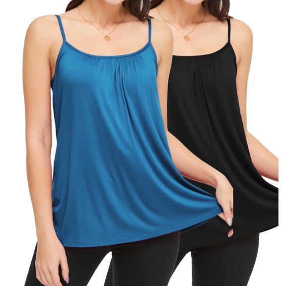 QRIC Summer Tank Tops for Women Basic Solid Cami with Built-in Shelf Bra Flowy Pleated Loose Fit Casual Sleeveless Camisole (S-4XL)