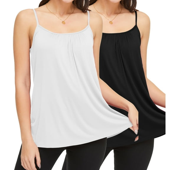 QRIC Summer Tank Tops for Women Basic Solid Cami with Built-in Shelf Bra Flowy Pleated Loose Fit Casual Sleeveless Camisole (S-4XL)