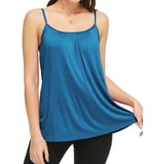 QRIC Summer Tank Tops for Women Basic Solid Cami with Built-in Shelf Bra Flowy Pleated Loose Fit Casual Sleeveless Camisole S-4XL