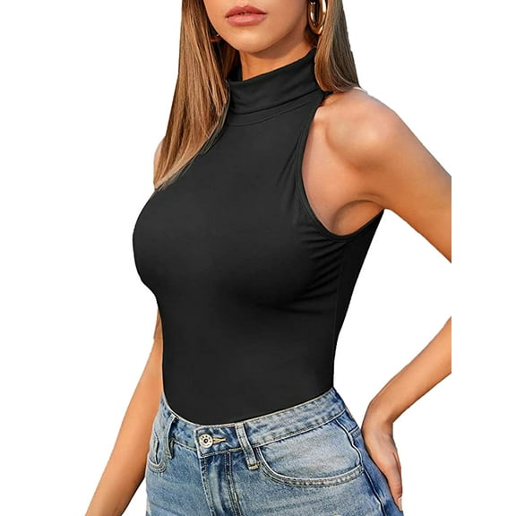 QRIC Women Casual Sleeveless Mock Turtleneck Fitted Halter Tank Top Basic Slim Fit Shirts, S-3XL