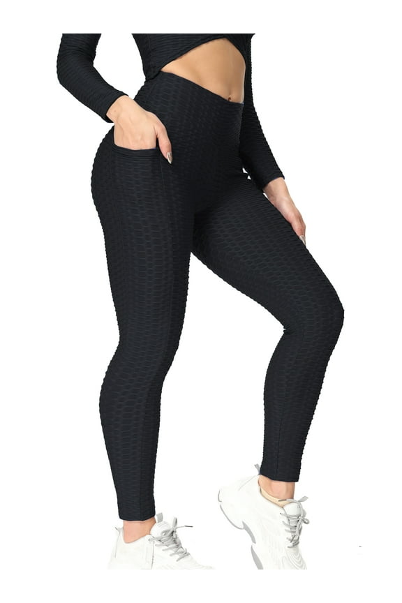 Women High Waisted Yoga Pants With Pockets Workout Butt Lifting Scrunch Booty Leggings Tummy Control Anti Cellulite Textured Tights
