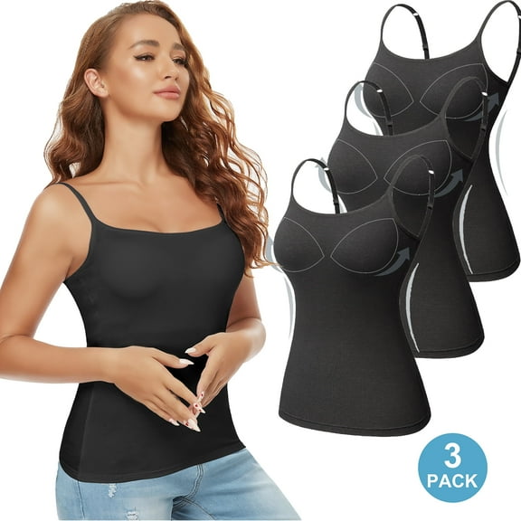 QRIC Women Padded Built-in Shelf Bra Camisole Layer Tank Top for Women Adjustable Straps of 3 Pack (S-3XL)