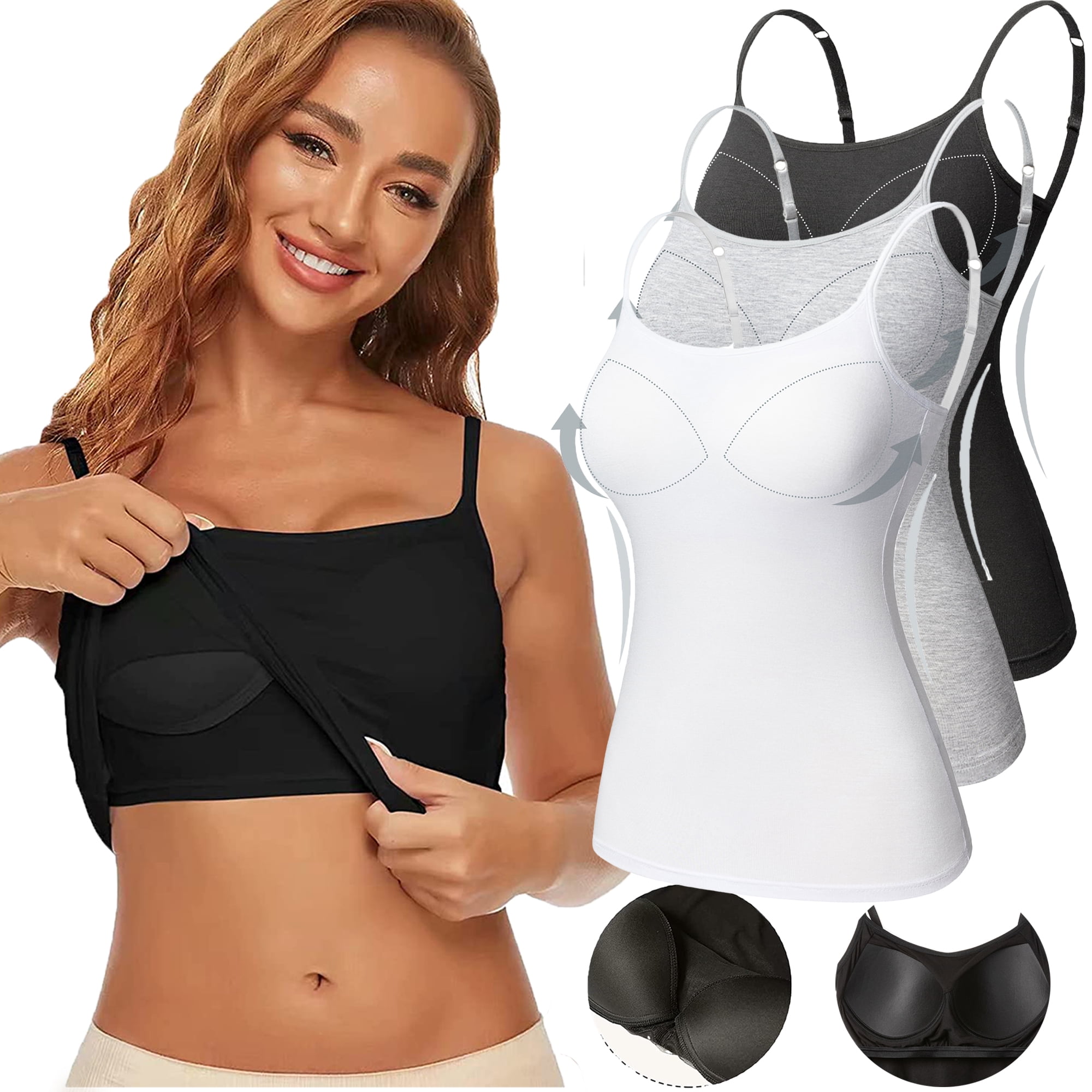 QRIC 2 Pack Women Padded Built-in Shelf Bra Camisole Summer Tank Top for  Women Adjustable Straps (S-3XL) 