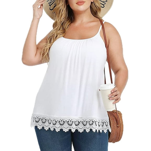 QRIC Women Plus Size Cami with Built in Bra Cup Summer Casual Flowy Relaxed Swing Pleated Lace Adjustable Straps Camisole, L