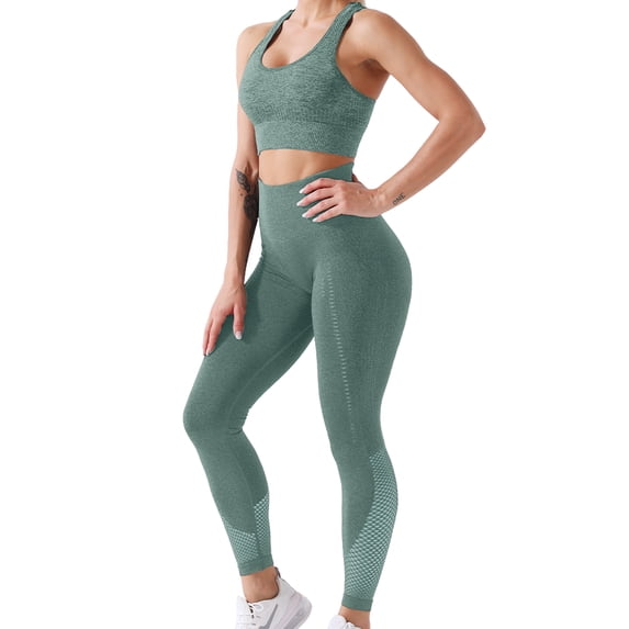 QRIC Women Seamless Yoga Workout Set 2Pcs Outfits Gym Leggings and Sports Bra Net Hollow Out Series Activewear Sets Dark Green-L