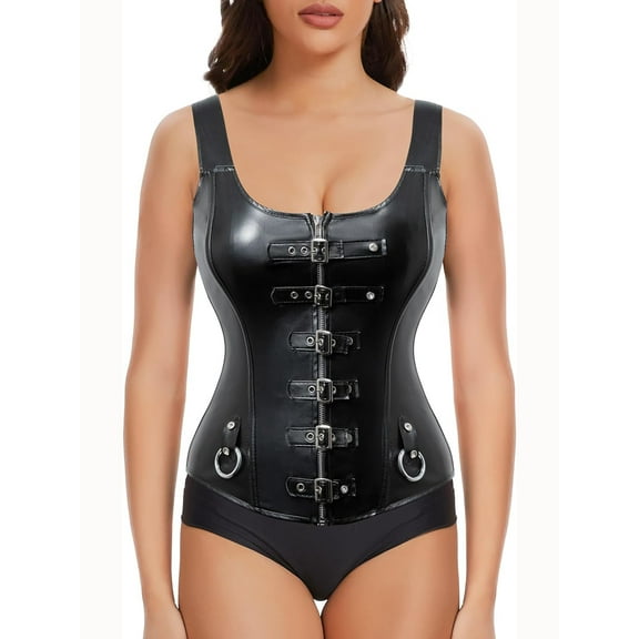 QRIC Women Sexy Steampunk Zipper Faux Leather Corset Bustier Top Overbust Shapewear Black 2XL