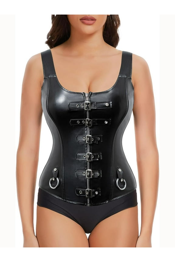 Women Sexy Steampunk Zipper Faux Leather Corset Bustier Top Overbust Shapewear Black 2XL