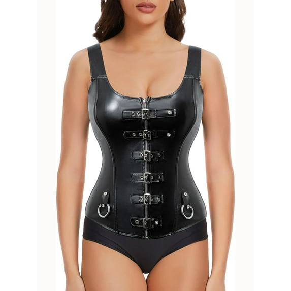 QRIC Women Sexy Steampunk Zipper Faux Leather Corset Bustier Top Overbust Shapewear Black 6XL