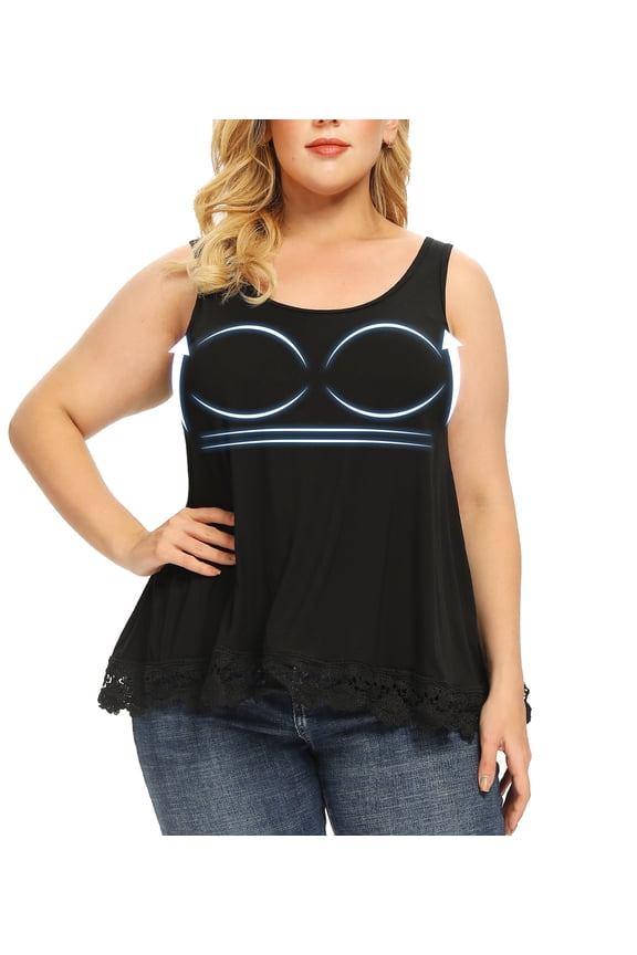 Women Swing Lace Flowy Style Clothing Tank Top with Built in Bra Summer Sleeveless Women's Plus Size Blouse Shirt, 4XL