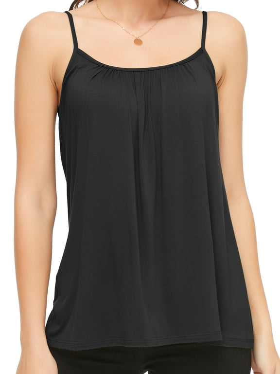 Women's Basic Solid Cami with Built-in Shelf Bra Flowy Swing Pleated Camisole With Adjustable Straps (S-4XL)