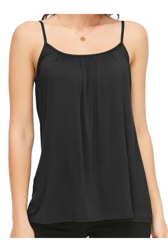 Women's Basic Solid Cami with Built-in Shelf Bra Flowy Swing Pleated Camisole With Adjustable Straps (S-4XL)