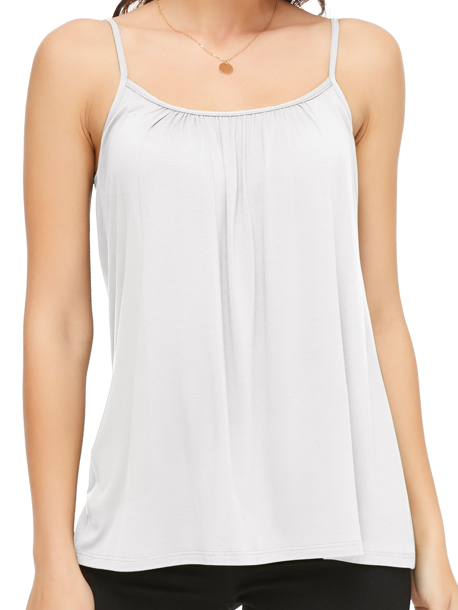 QRIC Women's Basic Solid Cami with Built-in Shelf Bra Flowy Swing Pleated  Camisole With Adjustable Straps (S-4XL)