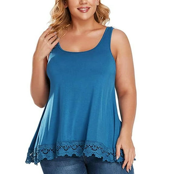 QRIC Women's Cami with Built in Bra Cup Summer Casual Flowy Swing Pleated Plus Size Lace Tank Top with Wide Strap (S-4XL)