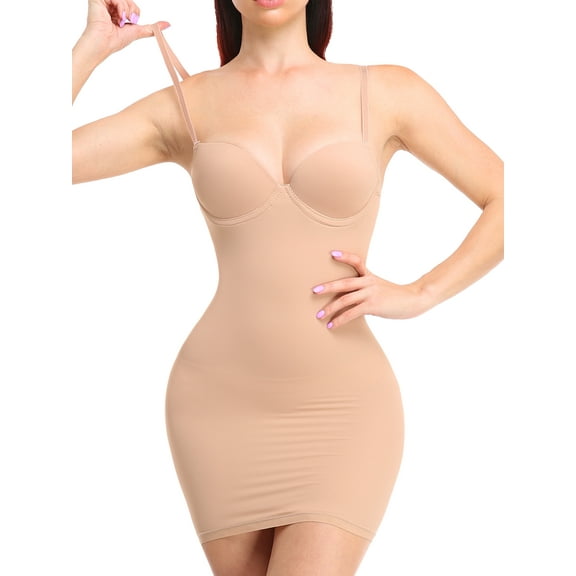 QRIC Women's Dress Full Slip Shapewear Bodysuit Lingerie Body Shaper with Built-in Bra Tops Smooth Back