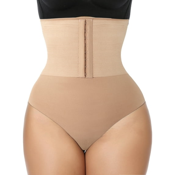 QRIC Womens High Waist Tummy Control Panties Shapewear Thong Double Layer Waist Trainer Compression Body Shaper Underwear