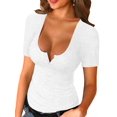 thumbnail image 1 of QRIC Womens Short Sleeve Button Down Shirts Low Cut Sexy Round Neck Fitted Ribbed Knit Henley Tops White, S-3XL, 1 of 6