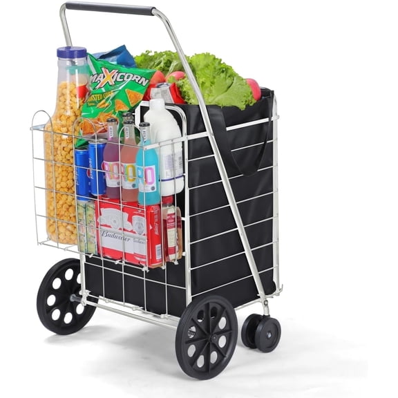 Lifetime Appliance Parts Shopping Cart w/ 360° Swivel Wheels & Waterproof Basket Liner for Shopping Laundry - Foldable Collapsible & Lightweight - Extra Large Heavy Duty Utility Cart - Silver