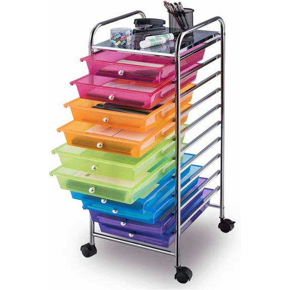 QRKD 10-Drawer Rolling Storage Cart, Trolley w/Lockable 360° Wheels, 10 Removable PP Drawers, Sturdy Metal Frame, Rolling Utility Cart Perfect for Home, Office, Classroom (Rainbow)