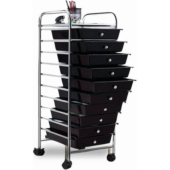 QRKD 10-Drawer Rolling Storage Cart, Trolley w/Lockable 360° Wheels, 10 Removable PP Drawers, Sturdy Metal Frame, Rolling Utility Cart Perfect for Home, Office, Classroom (Black)