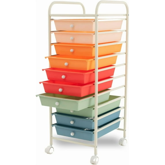 QRKD 10-Drawer Rolling Storage Cart, Trolley w/Lockable 360° Wheels, 10 Removable PP Drawers, Sturdy Metal Frame, Rolling Utility Cart Perfect for Home, Office, Classroom (Macaron)