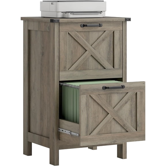 QRKD 2 Drawer Vertical File Cabinet with Silent Slides, Rustic Farmhouse Filing Cabinet with Barn Doors for A4/Letter Size, Printer Stand with Storage for Home Office, Distressed Gray