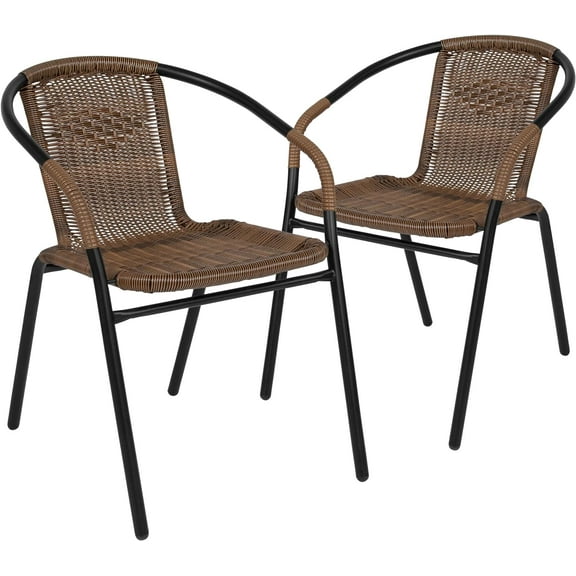 QRKD 2 Pack Medium Brown Rattan Indoor-Outdoor Restaurant Stack Chair with Curved Back