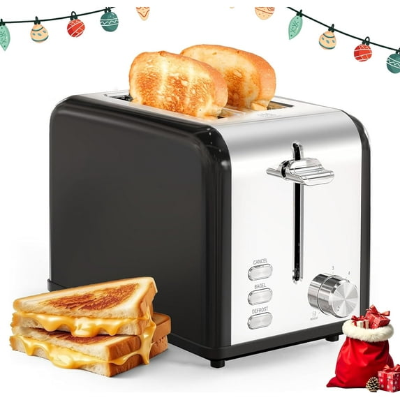 QRKD 2-Slice Toaster, Stainless Steel Toaster, 6 Browning Setting and 3 Function, Extra Wide Slot & Removable Crumb Tray, for Bread & Waffle, Black