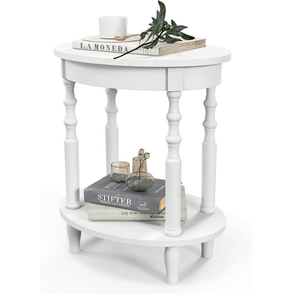 QRKD 2-Tier Oval End Table, Sofa Side Table with Storage Shelf, Solid Wood Legs, Modern Accent Table, Compact Nightstand for Living Room, Bedroom, Small Space, White